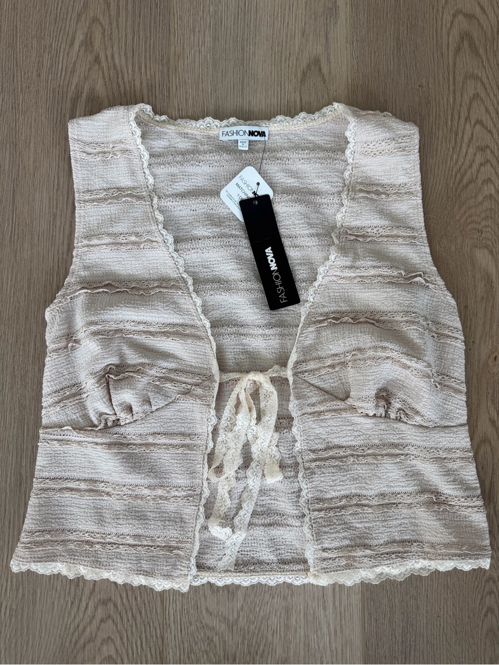 Fashion Nova Cream Lace-Trim Knit Tie-Front Tank